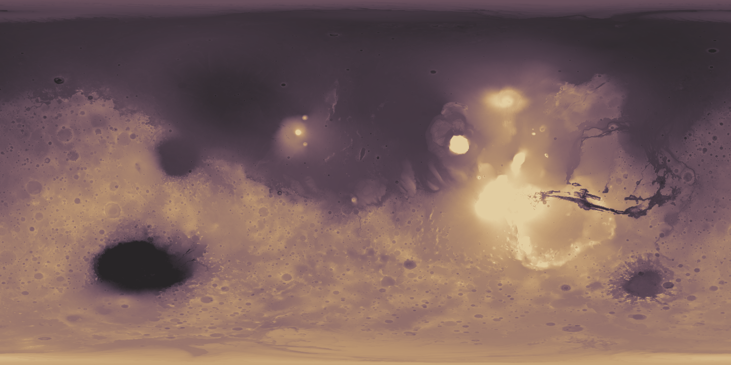 Global Mars topography from MGS MOLA, 1440 by 720 grid, elevation mapped through the selected Ember sequential colormap